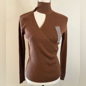 Lucy Paris Ryan Cutout Top brown turtleneck wool blend sweater SZ XS
